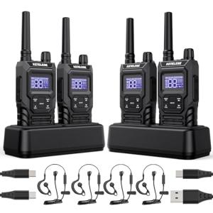 Ketelese T4 Walkie Talkies Long Range GMRS, IP67 Waterproof Two Way Radio, Walkie Talkie Earpiece with Mic for Adult, USB Rechargable, NOAA, VOX, Group Call, PTT, 4pack, Balck