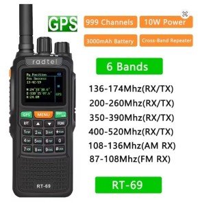 Radtel RT-69 GPS 10W 999 Channels Ham Radio Air Band Walkie Talkie SOS Color LCD