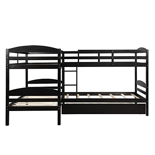 Quad Bunk Bed with Trundle, L Shaped - Espresso