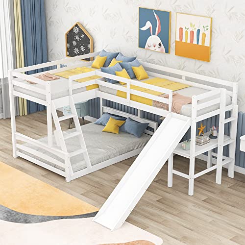 Merax L-Shaped Bunk Bed with Loft, Desk, Slide [White]