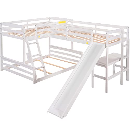 Merax L-Shaped Bunk Bed with Loft, Desk, Slide [White]