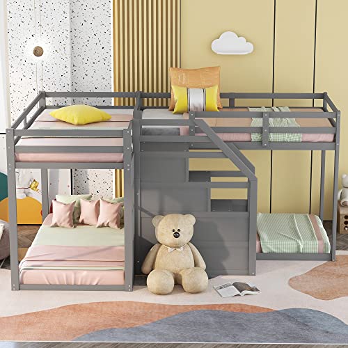 Twin L-Shaped Bunk Bed with Built-in Staircase