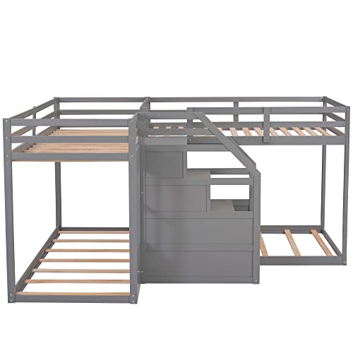 Twin L-Shaped Bunk Bed with Built-in Staircase