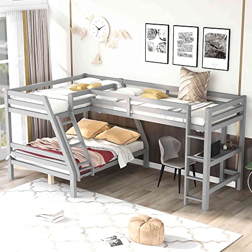 L-Shaped Full Bunk Twin Size Loft Bed with Desk & Gray