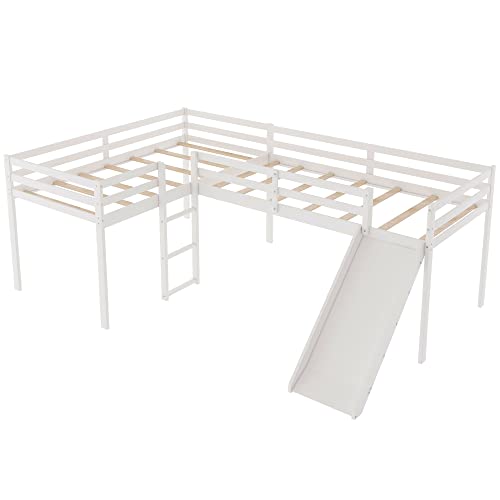 L-Shaped Loft Bed for 2 Kids, White