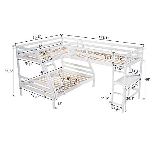 L-Shaped Triple Bunk Bed with Built-in Desk and Ladders