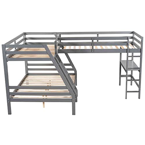 L-Shaped Full Bunk Twin Size Loft Bed with Desk & Gray