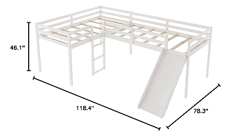 L-Shaped Loft Bed for 2 Kids, White