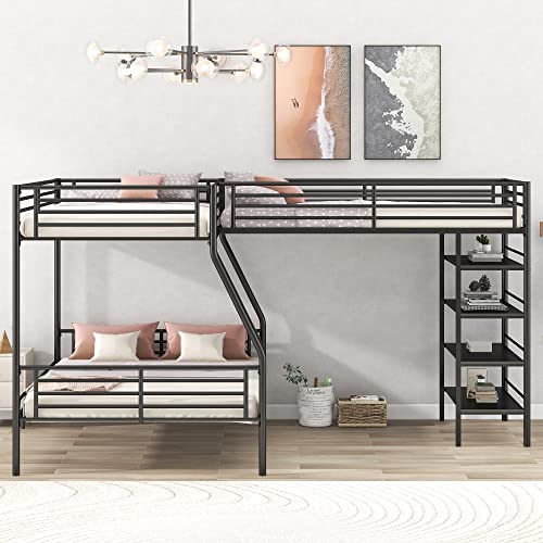 RUNWON L-Shaped Metal Bunk Bed with Shelves