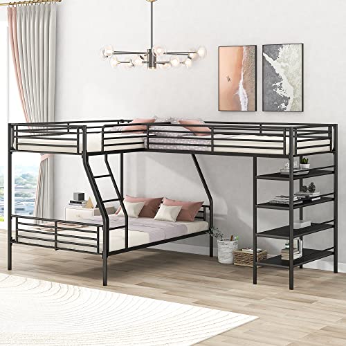 RUNWON L-Shaped Metal Bunk Bed with Shelves