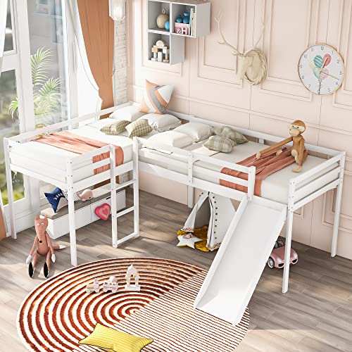 Twin L-Shaped Loft Bed with Slide for Kids