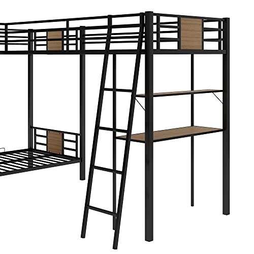GLORHOME L-Shaped Triple Bunk Bed with Loft and Desk, Brown