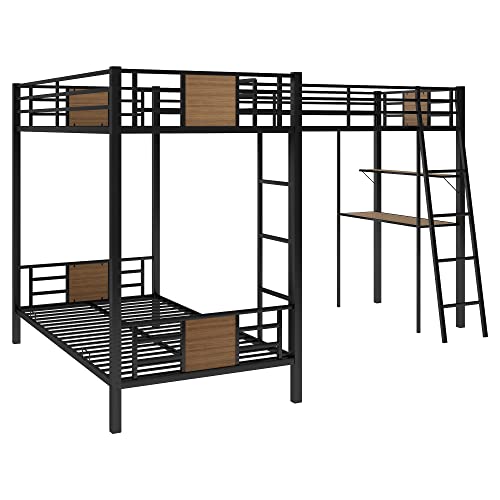 GLORHOME L-Shaped Triple Bunk Bed with Loft and Desk, Brown