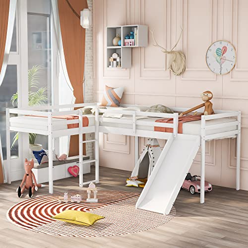 Twin L-Shaped Loft Bed with Slide for Kids