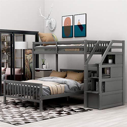 Convertible Grey L-Shaped Bunk Bed with Storage