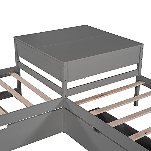 Gray L-Shaped Bunk Bed with Trundle, Drawers, and Desk