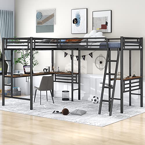L-Shaped Metal Loft Bed with Desk, Twin Size