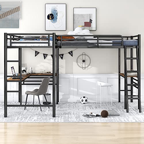 L-Shaped Metal Loft Bed with Desk, Twin Size
