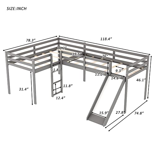 L-Shaped Loft Bed with Ladder and Slide for 2 Kids Teens