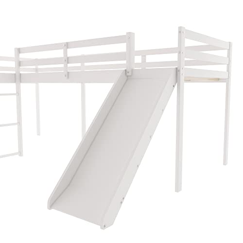 White L-Shaped Loft Bed for 2 Kids