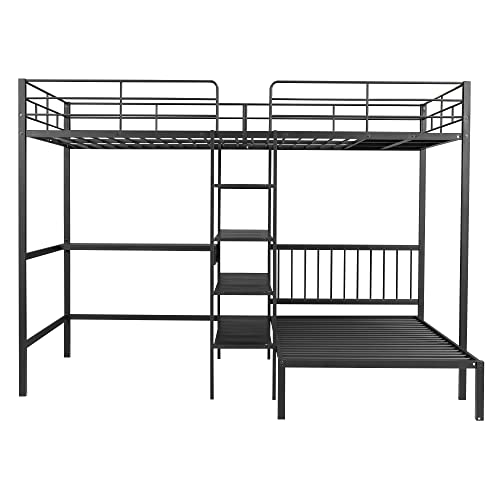 Merax L-Shaped Metal Bunk Bed with Desk & Shelves