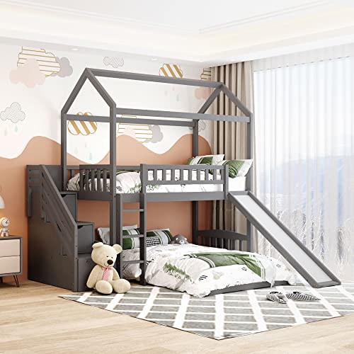 Gray L-Shaped Bunk Bed with Drawers, Slide