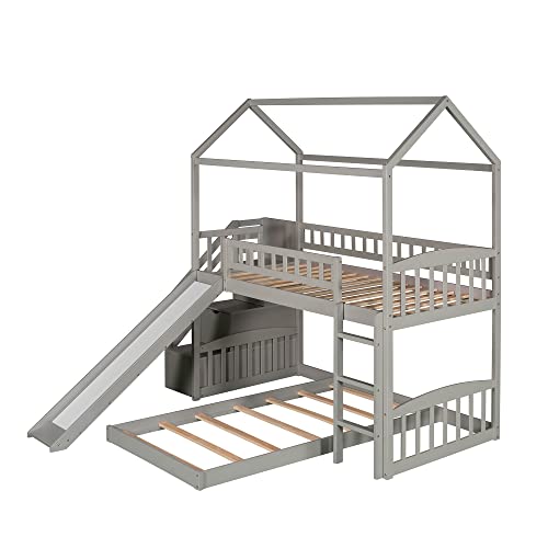 Gray L-Shaped Bunk Bed with Drawers, Slide
