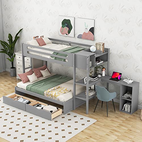 Twin Over Full Bunk Bed with L-Shaped Desk and Storage Shelves