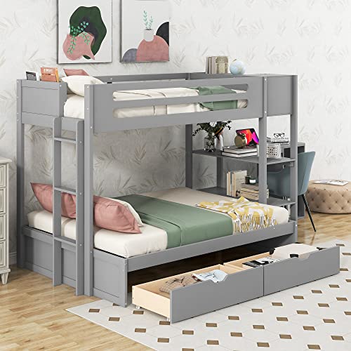 Twin Over Full Bunk Bed with L-Shaped Desk and Storage Shelves