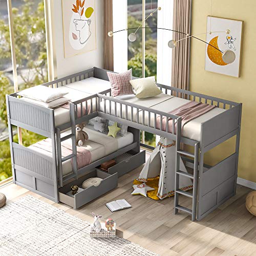 Flieks Triple Bed Twin-Over-Twin-Over-Twin Bed L Shaped Bunk Bed with 2 Drawers and 2 Ladders, No Box Spring Needed