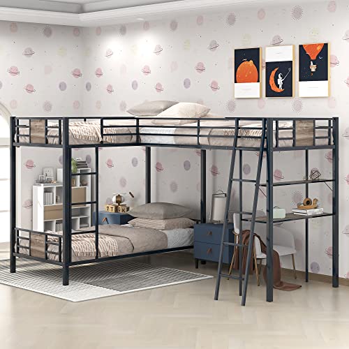 Metal Triple Bunk Bed with Desk and Shelf, L-Shaped Bunk Bed for 3 Kids Teens Adults, Twin Over Twin Bunk Bed with a Twin Size Loft Bed Attached – Brown