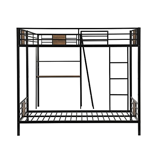 Metal Triple Bunk Bed with Desk and Shelf, L-Shaped Bunk Bed for 3 Kids Teens Adults, Twin Over Twin Bunk Bed with a Twin Size Loft Bed Attached – Brown