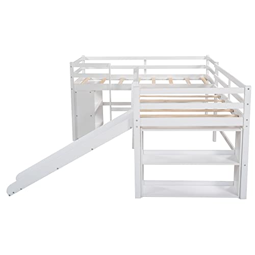 GLORHOME Twin Size L-Shaped Loft Bed, Solid Wood Bedframe with Movable Two-Tier Shelves and Slide for 2 Kids Teens, No Box Spring Needed, White
