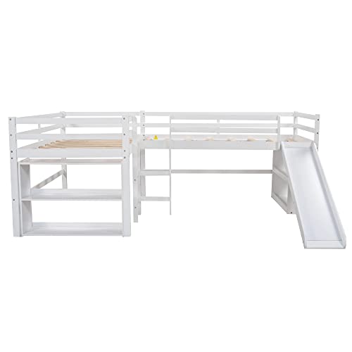 GLORHOME Twin Size L-Shaped Loft Bed, Solid Wood Bedframe with Movable Two-Tier Shelves and Slide for 2 Kids Teens, No Box Spring Needed, White