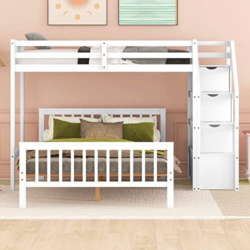 Harper & Bright Designs Twin Over Full Bunk Bed with Staircase, Wooden L Shaped Bunk Beds for Kids, Twin Loft Bed with Storage Drawers and Full Platform Bed, No Box Spring Needed (White)