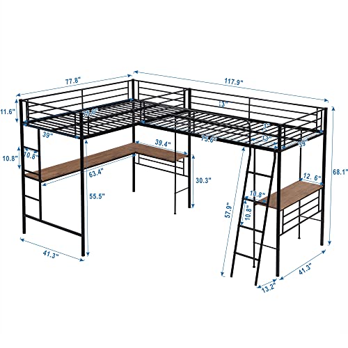 Black L-Shaped Twin Loft Bed with Built-in Desks