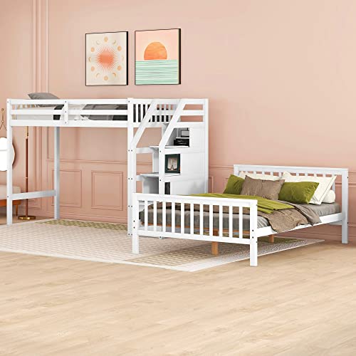 Harper & Bright Designs Twin Over Full Bunk Bed with Staircase, Wooden L Shaped Bunk Beds for Kids, Twin Loft Bed with Storage Drawers and Full Platform Bed, No Box Spring Needed (White)