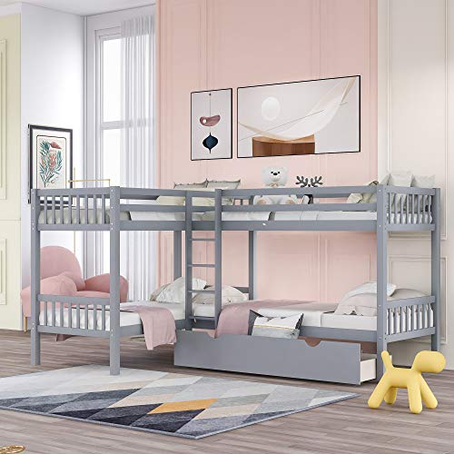 YUNLife&Home L-Shaped Wood Bunk Bed Quad Frame