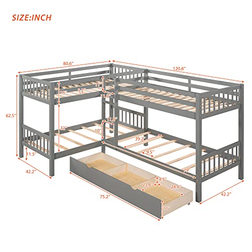 YUNLife&Home L-Shaped Bunk Beds for 4,Solid Wood Bunk Bed Frame with 3 Storage Drawers,Twin Over Twin Size Corner Bunk Bed,Wood Quad Bunk Beds Frame for Kids Teens Girls Boys