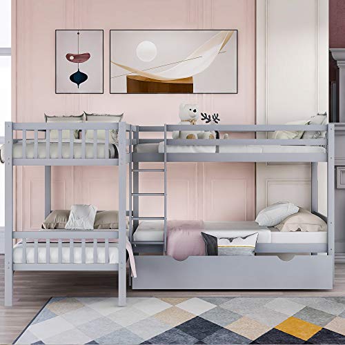 YUNLife&Home L-Shaped Bunk Beds for 4,Solid Wood Bunk Bed Frame with 3 Storage Drawers,Twin Over Twin Size Corner Bunk Bed,Wood Quad Bunk Beds Frame for Kids Teens Girls Boys