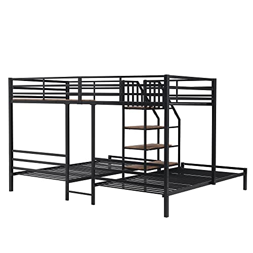 SOFTSEA Metal Triple Bunk Bed with Storage - Black