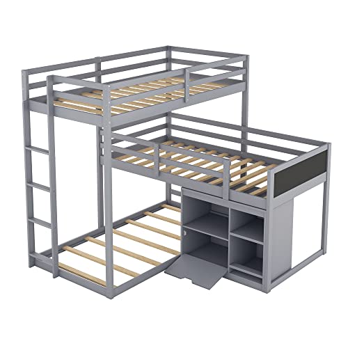 Merax L-Shaped Triple Twin Bunk Bed with Storage