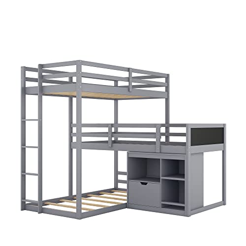 Merax L-Shaped Triple Twin Bunk Bed with Storage