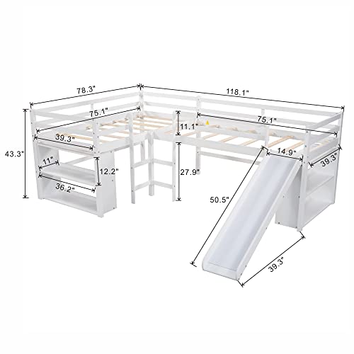 Solid Wood L-Shaped Twin Loft Bed with Slide
