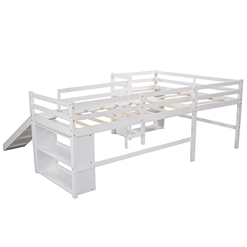 Solid Wood L-Shaped Twin Loft Bed with Slide
