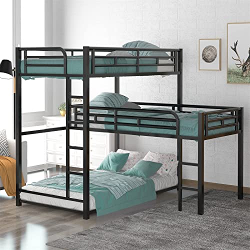 Heavy-Duty Triple Bunk Beds, L-Shaped Metal Bunk Bed for 3 Kids Adults with 2 Built-in Short Ladders and Full-Length Guardrails, Space-Saving, Noise-Free Metal Triple Bunk Bed