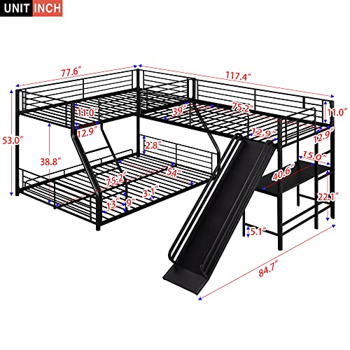 BIADNBZ Triple Bunk Bed Full Over Twin&Twin Size with Desk and Slide, Metal L-Shaped BunkBed Attached w/LoftBed, for 3 Kids/Teens/Adults Bedroom, Black