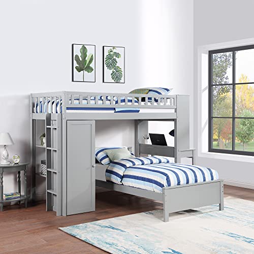 CITYLIGHT Bunk Bed Twin Over Twin with Desk and Wardrobe, L Shaped Bunk Bed for Kids, Wood Twin Loft Bed with Desk and Storage for Kids, Teens, Boys & Girls (Gray)