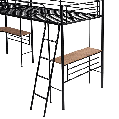 Harper & Bright Designs L Shaped Metal Loft Bed with 2 Desk, Twin Loft Bed with Safety Rail and 2 Ladder, Heavy-Duty Steel Frame Corner Twin Bed for 2 Kids Girls Boys Teens (Twin Size, Black)