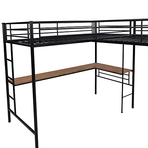 Harper & Bright Designs L Shaped Metal Loft Bed with 2 Desk, Twin Loft Bed with Safety Rail and 2 Ladder, Heavy-Duty Steel Frame Corner Twin Bed for 2 Kids Girls Boys Teens (Twin Size, Black)